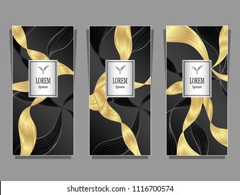 Set Template for package or flyer or label from Luxury background made by foil abstract ribbons waves hair in black gold silver for cosmetic or perfume or for hair dye or  for brand book