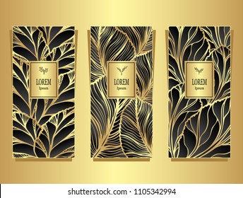 Set Template for package or flyer from Luxury background made by foil leaves in black gold colors for cosmetic or perfume or for package of tea or for alcohol label or for advertising jewelry 