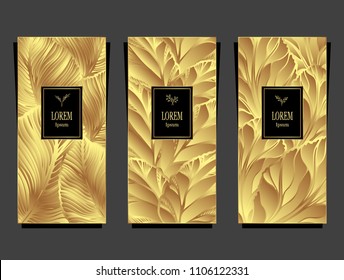 Set Template for package or flyer from Luxury background made by foil leaves in gold for cosmetic or perfume or for package of tea or for alcohol label or for advertising jewelry or for brand book