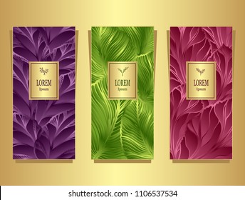 Set Template for package or flyer from Luxury background made by foil leaves in lilac green burgundy  for cosmetic or perfume or for alcohol label or for advertising jewelry or for brand book