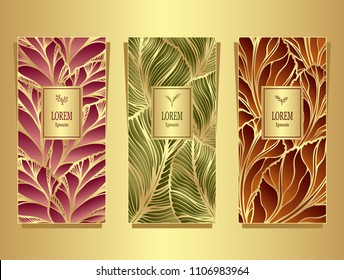 Set Template for package or flyer from Luxury background made by foil leaves in burgundy green brown gold for cosmetic or perfume or for alcohol label or for advertising jewelry or for brand book