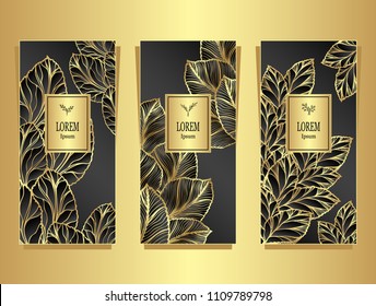 Set Template for package or flyer from Luxury background made by foil leaves in black gold for cosmetic or perfume or for package of tea or for alcohol label or for brand book