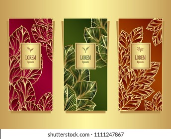 Set Template for package or flyer from Luxury background made by foil leaves in gold red green orange for cosmetic or perfume or for package of tea or for alcohol label or for brand book