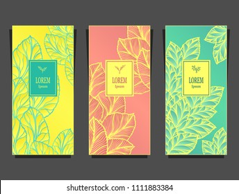 Set Template for package or flyer from Luxury background made by foil leaves in yellow blue pink peachy for cosmetic or perfume or for package of tea or for alcohol label or for brand book