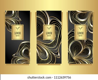 Set Template for package or flyer from Luxury background made by foil abstract marble in black gold silver for cosmetic or perfume or for package of tea or for alcohol label or for brand book