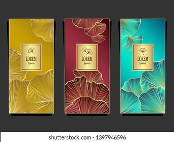 Set Template for package or flyer from Luxury background with  leaves  in gold burgundy cyan for cosmetic or perfume or for package of tea or label or for brand book