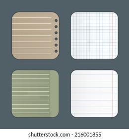 Set of template pad and sheets of paper. Lined and checkered; white, green, brown color. Isolated on gray background. Vector illustration, eps 10.