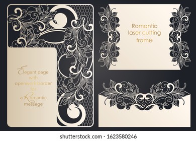 Set of template for papercut, laser cutting. Collection of letter, message, badge, tag, label, name card formats. Openwork forms with through cutting. Vector design for wedding, anniversary, party.