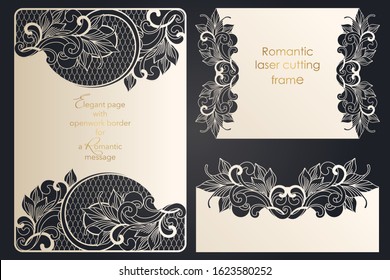 Set of template for papercut, laser cutting. Collection of letter, message, badge, tag, label, name card formats. Openwork forms with through cutting. Vector design for wedding, anniversary, party.