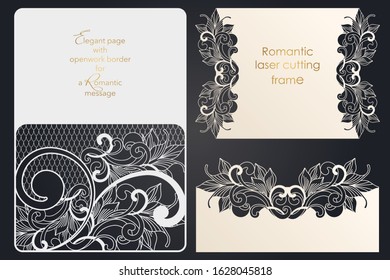 Set of template for papercut, laser cutting. Collection of letter, message, badge, tag, label, name card formats. Openwork forms with through cutting. Vector design for wedding, anniversary, party.