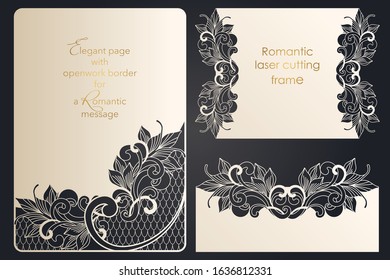 Set of template for papercut, laser cutting. Collection of letter, message, badge, tag, label, name card formats. Openwork forms with through cutting. Vector design for wedding, anniversary, party.