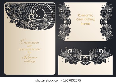 Set of template for papercut, laser cutting. Collection of letter, message, badge, tag, label, name card formats. Openwork forms with through cutting. Vector design for wedding, anniversary, party.