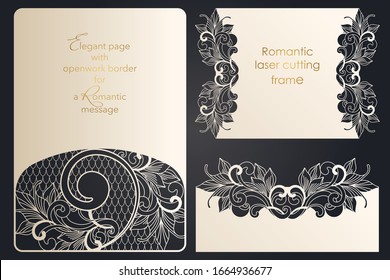 Set of template for papercut, laser cutting. Collection of letter, message, badge, tag, label, name card formats. Openwork forms with through cutting. Vector design for wedding, anniversary, party.