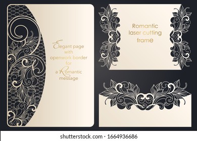 Set of template for papercut, laser cutting. Collection of letter, message, badge, tag, label, name card formats. Openwork forms with through cutting. Vector design for wedding, anniversary, party.