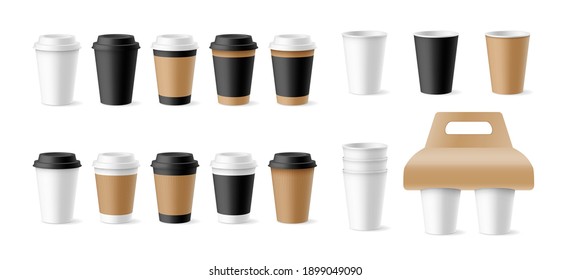 Set of template papers cups open, closed with plastic lids, in craft sleeves and holders isolated. Empty realistic takeaway mugs for branding and cafe label. 3d vector illustration