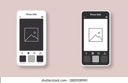 Set of template of photo editor. Smartphone interface mockup with mobile app for edit photo. Vector