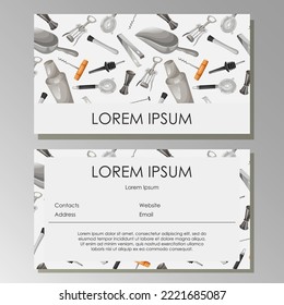 Set of template postcard for bars,design,shops,bartender. Vector illustration of two sides of one card bar tools on white background, white frame copy-space. Isolated.