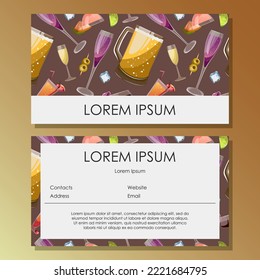 Juego de postales de plantilla para bares, tiendas, fiestas, pubs. Ilustración vectorial de dos lados de una tarjeta con diferentes cócteles de alcohol, goblets de vidrio sobre fondo marrón, fotocopiadora de cuadro blanco. Aislado.