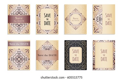 Set template of postcards with inscription Save the date for congratulation or invitation. Can be used to invite to a wedding or thanksgiving. Vector illustration with handmade ornament. Face side.