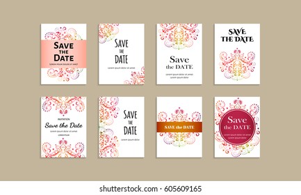 Set template of postcards with inscription Save the date for congratulation or invitation. Can be used to invite to a wedding or thanksgiving. Vector illustration with handmade ornament. Face side.