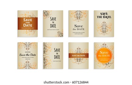 Set template of postcards with inscription Save the date for congratulation or invitation. Can be used to invite to a wedding or thanksgiving. Vector illustration with handmade ornament. Face side.