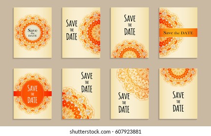 Set template of postcards with inscription Save the date for congratulation or invitation. Can be used to invite to a wedding or thanksgiving. Vector illustration with orange ornament. Face side.