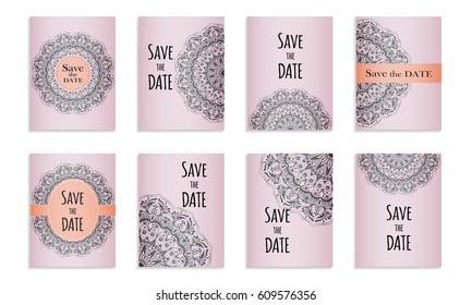 Set template of postcards with inscription Save the date for congratulation or invitation. Can be used to invite to a wedding or thanksgiving. Vector illustration with handmade ornament. Face side.