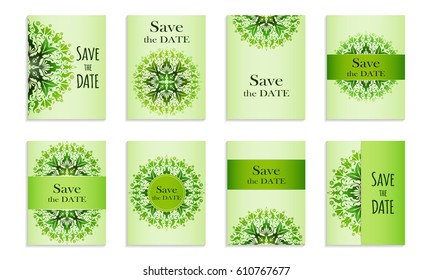Set template of postcards with inscription Save the date for congratulation or invitation. Can be used to invite to a wedding or thanksgiving. Vector illustration with green ornament. Face side.