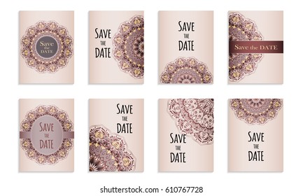 Set template of postcards with inscription Save the date for congratulation or invitation. Can be used to invite to a wedding or thanksgiving. Vector illustration with handmade ornament. Face side.