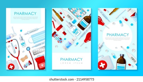 Set of template, poster for pharmacy and pharmacy business. Card with medication, stethoscope, thermometer, vaccine, drops, enema, patches, mask, blue background. Vector illustration