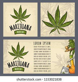 Pósters de Plantilla Marihuana. Cigarrillos, pipa, encendedor, brotes, hojas, botella, cigarrillo, frasco de vidrio, bolsa de plástico, pipa para fumar cannabis. Ilustración de grabado de Vector de color de Antiguas en beige