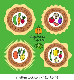 Set Template round with vegetables in a sketch style with a color fill. Vector illustration isolated on green background. Element for decor packaging, stickers, style.