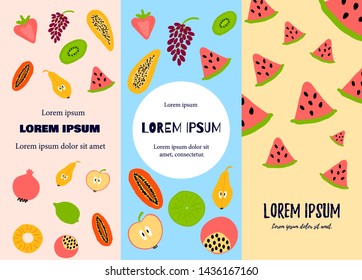 Set of template sale flyer with fruits. Summer banner collection. Concept healthy food. Vector. Hand draw illustration. Kiwi, watermelon, orange, pear, grapes, strawberry papaya melon
