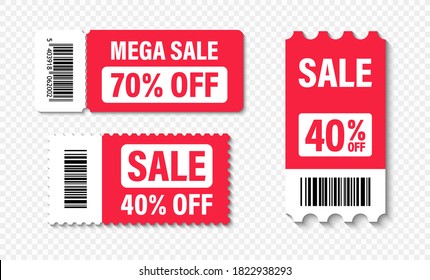 Set of template sale. Gift Coupon element template, graphics design. Voucher promo code. Shopping, marketing, food and drink, business. Vector illustration.