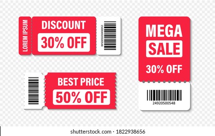 Set of template sale. Gift Coupon element template, graphics design. Voucher promo code. Shopping, marketing, food and drink, business. Vector illustration.