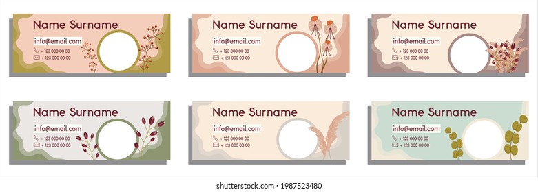 Establece la plantilla para firmar en un correo electrónico. Colocar la fotografía, con formas abstractas, variedad de flores y hojas. Ilustración vectorial de una plantilla de diseño moderna. Diseño de la firma de correo electrónico al estilo boho.