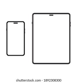 Set Of Template Smartphone And Tablet. White Screen On Portable Device. Mockup Gadget With Empty, Blank Screen. Vector