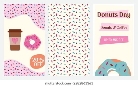 Set template for social networks. Delicious donuts. Donut posters