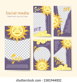 Set of template for social networks stories and posts. Design backgrounds for social media. Shrovetide design. Sun with face traditional symbol of Maslenitsa