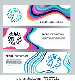 Set template of sport web banner. Concept design cover for brochure, banner, website or flyer. Silhouette of  man with sporting equipment. 