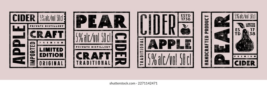 Set of template square label for apple and pear cider. Design with vintage texture