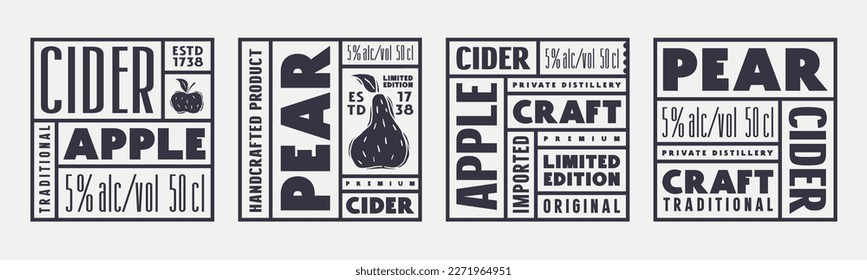 Conjunto de etiquetas cuadradas de plantilla para sidra de manzana y pera. Ilustración vectorial. Impresión negra sobre fondo blanco