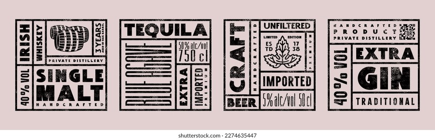 Set of template square label for beer, gin, tequila and whiskey. Vector illustration. Design with vintage texture