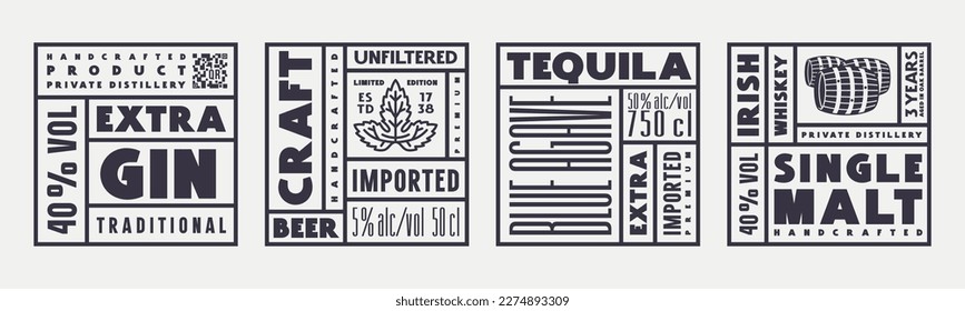 Set of template square label for beer, gin, tequila and whiskey. Vector illustration. Black print on white background