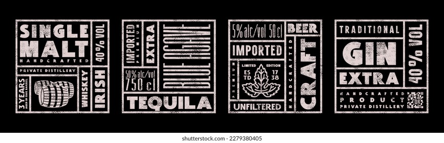 Set of template square label for beer, gin, tequila and whiskey. Design with vintage texture. Print on black background