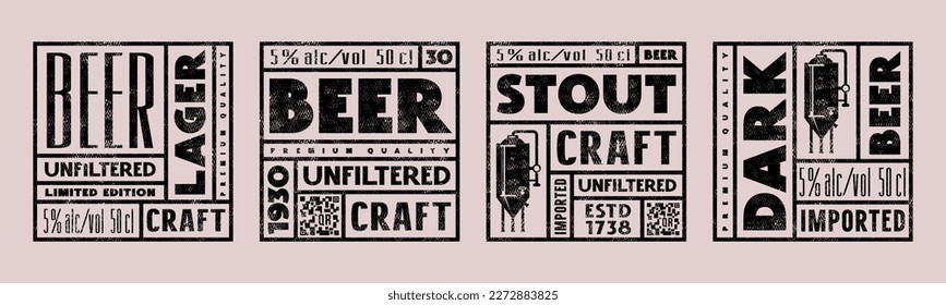 Conjunto de etiquetas cuadradas de plantilla para cerveza artesanal. Ilustración vectorial. Diseño con textura vintage