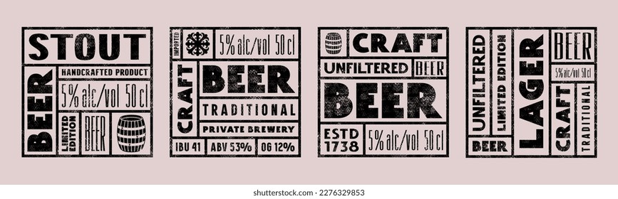 Set of template square label for craft beer. Vector illustration. Design with vintage texture