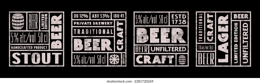 Set of template square label for craft beer. Design with vintage texture. Print on black background
