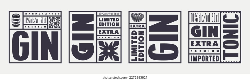 Set of template square label for gin tonic. Vector illustration. Black print on white background