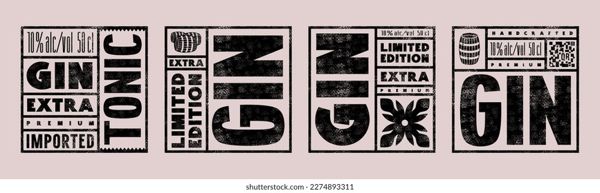 Set of template square label for gin tonic. Vector illustration. Design with vintage texture